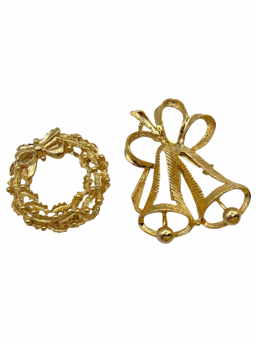 Vintage Gold Tone Christmas Brooch Lot Wreath Bells Taiwan ROC Pins